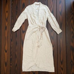 MNG Draped Cream Long Sleeve Linen Blend Elegant Wrap Maxi Dress NWT